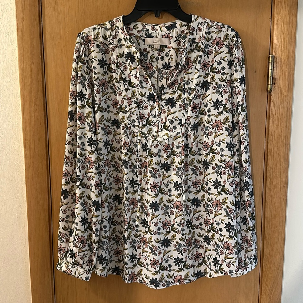 Loft Ann Taylor Women’s Floral Popover Blouse Top Pink Green Size XL